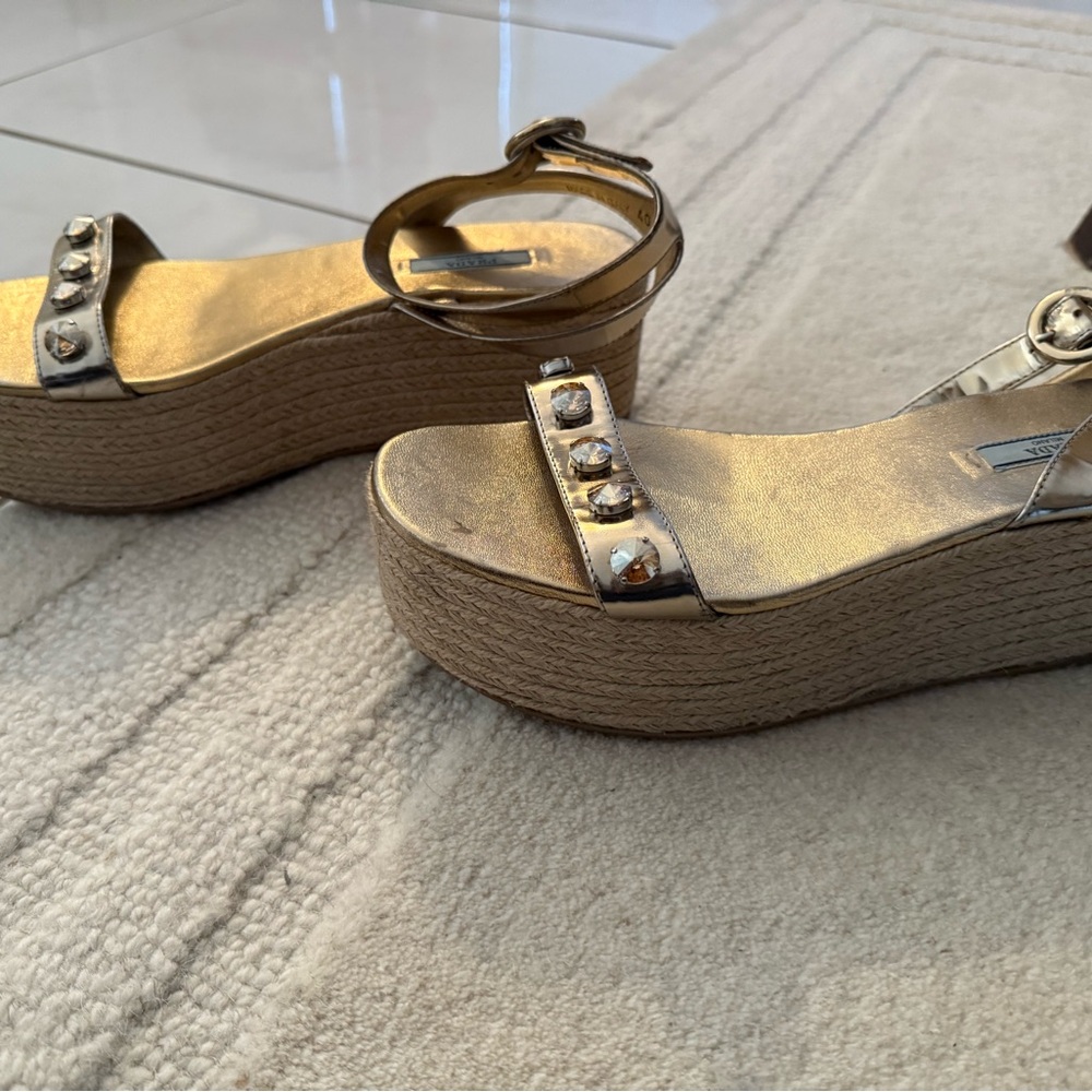 Prada Gold Studded Platform Espadrilles - Size 9 - Picture 2 of 5